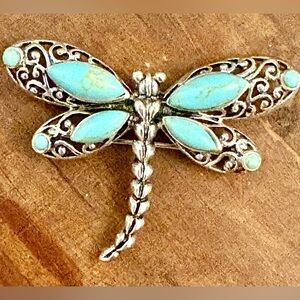 Turquoise Dragonfly Brooch Pendant Stamped Thailand